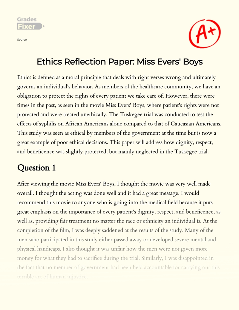 Ethics Reflection Paper: Miss Evers' Boys  essay