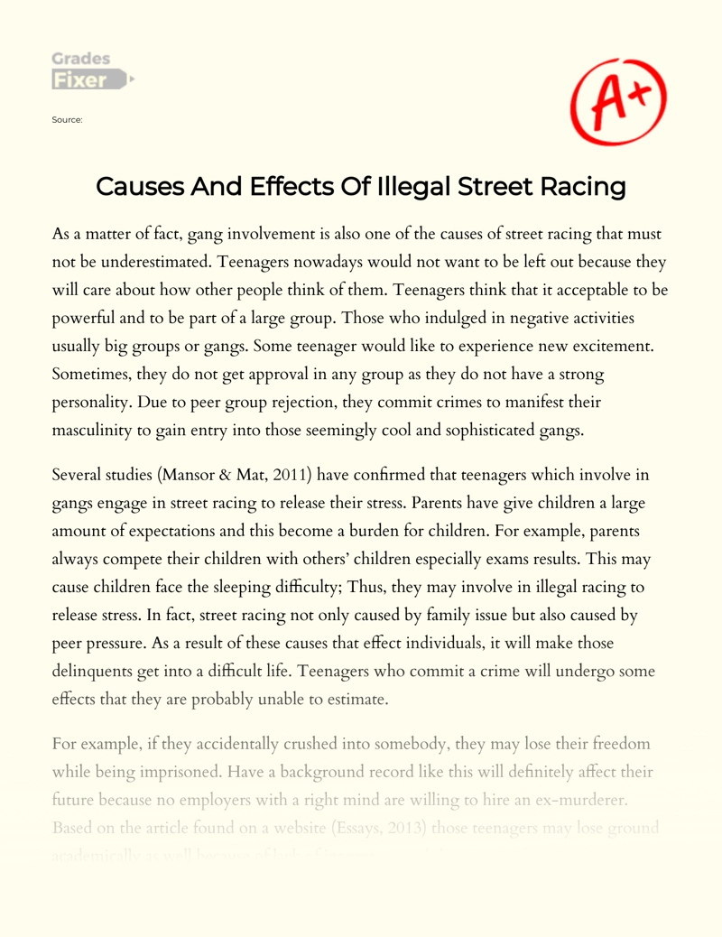 Causes and Effects of Illegal Street Racing essay