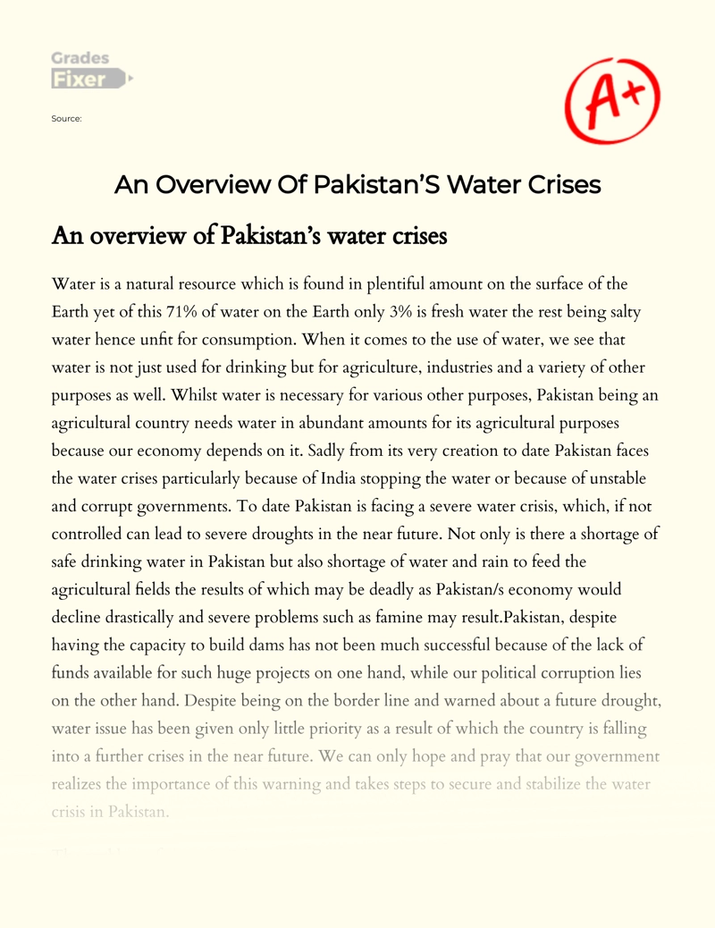 An Overview of Pakistan’s Water Crises essay