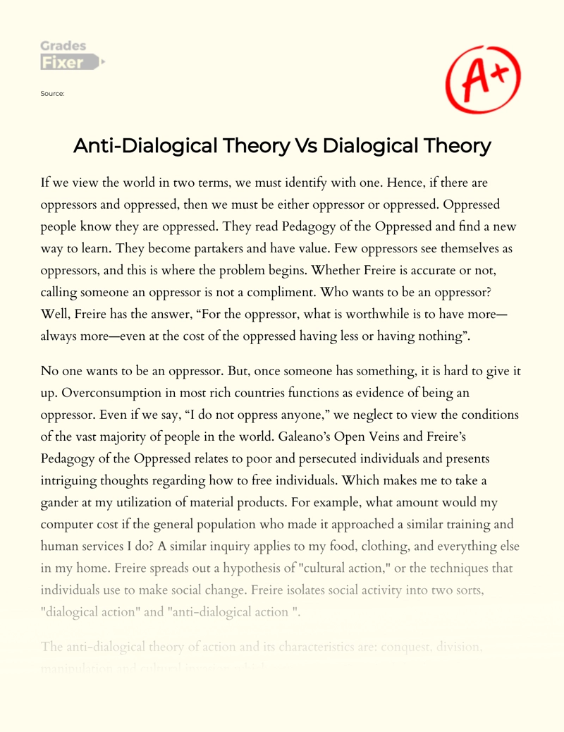Anti-dialogical Theory Vs Dialogical Theory Essay