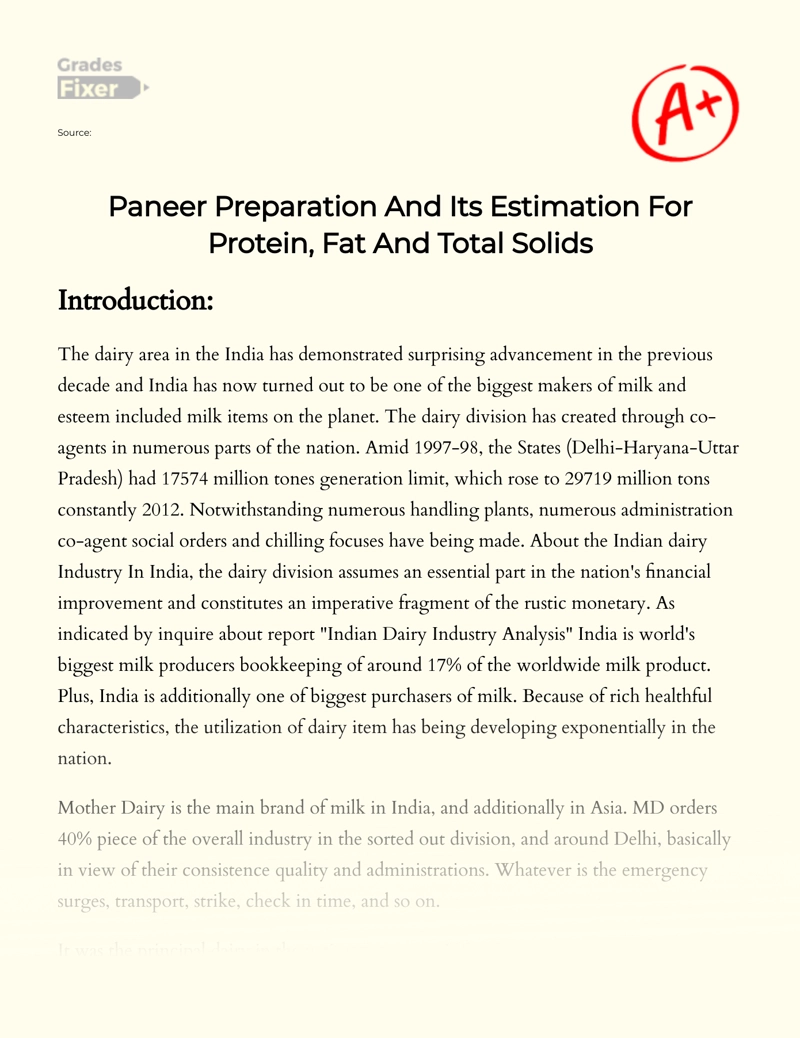 Paneer Preparation and Its Estimation for Protein, Fat and Total Solids Essay