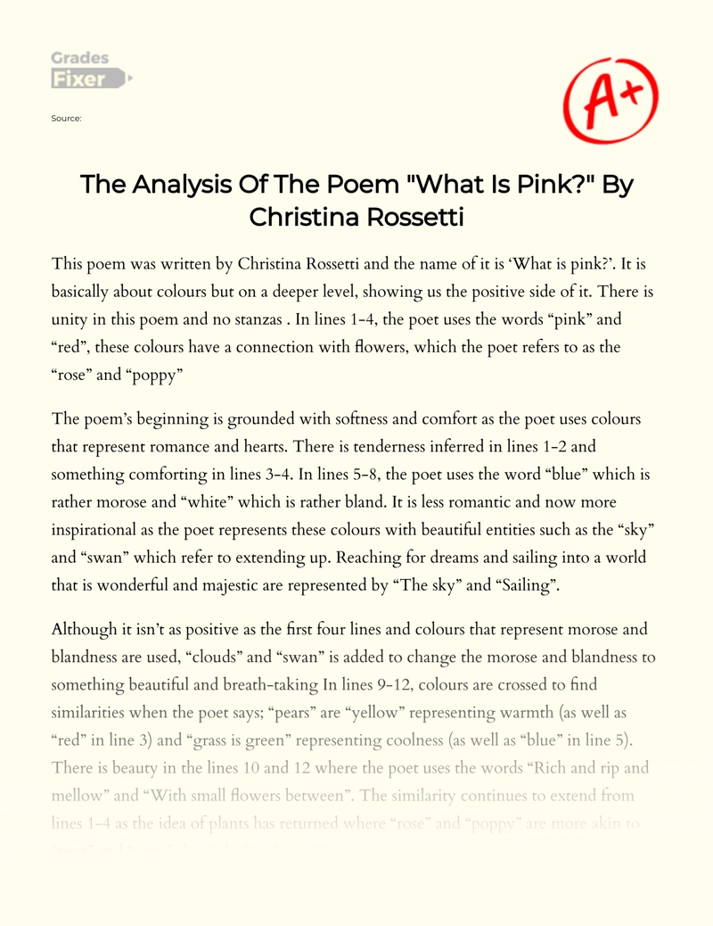 The Analysis of The Poem "What is Pink" by Christina Rossetti Essay