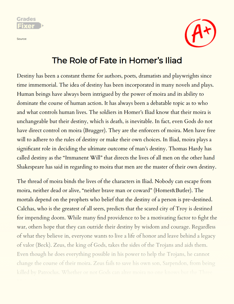The Role of Fate in Homer’s Iliad Essay