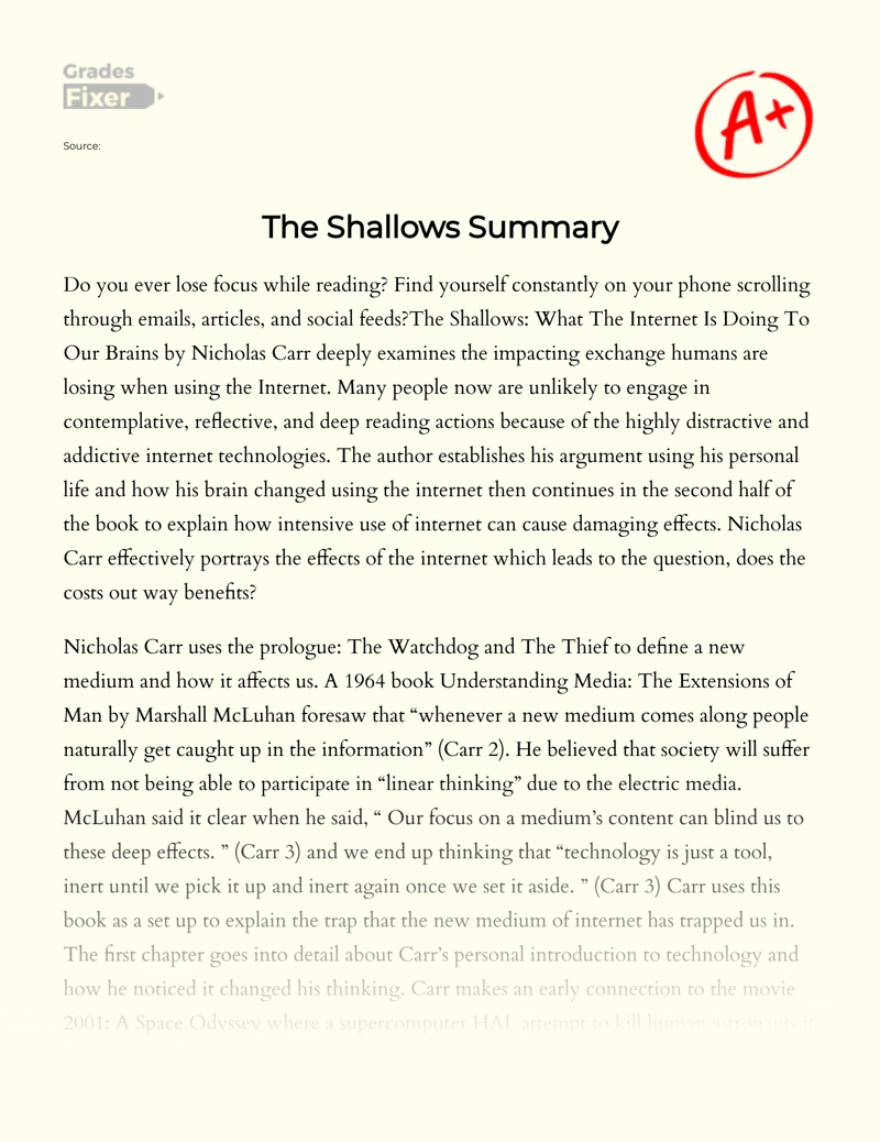 The Shallows: What The Internet is Doing to Our Brains by Nicholas Carr  Essay