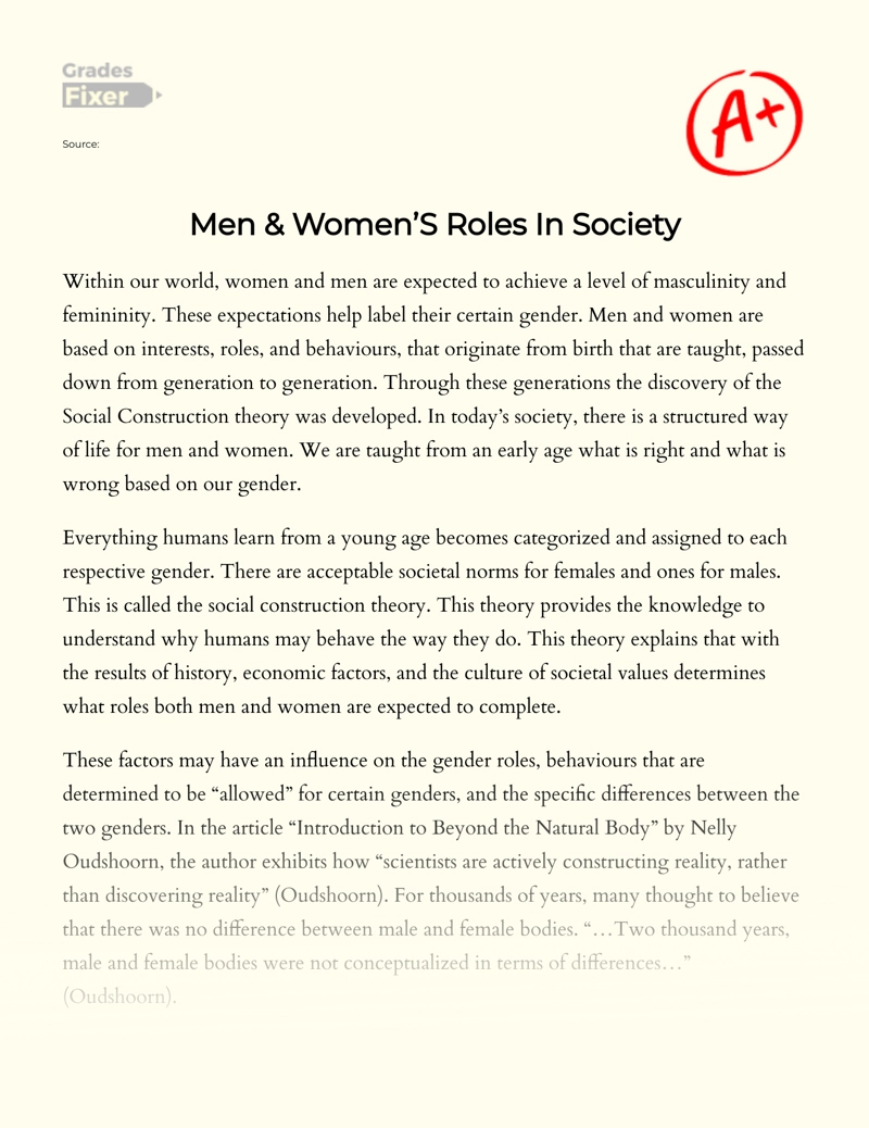 Men & Women’s Roles in Society essay