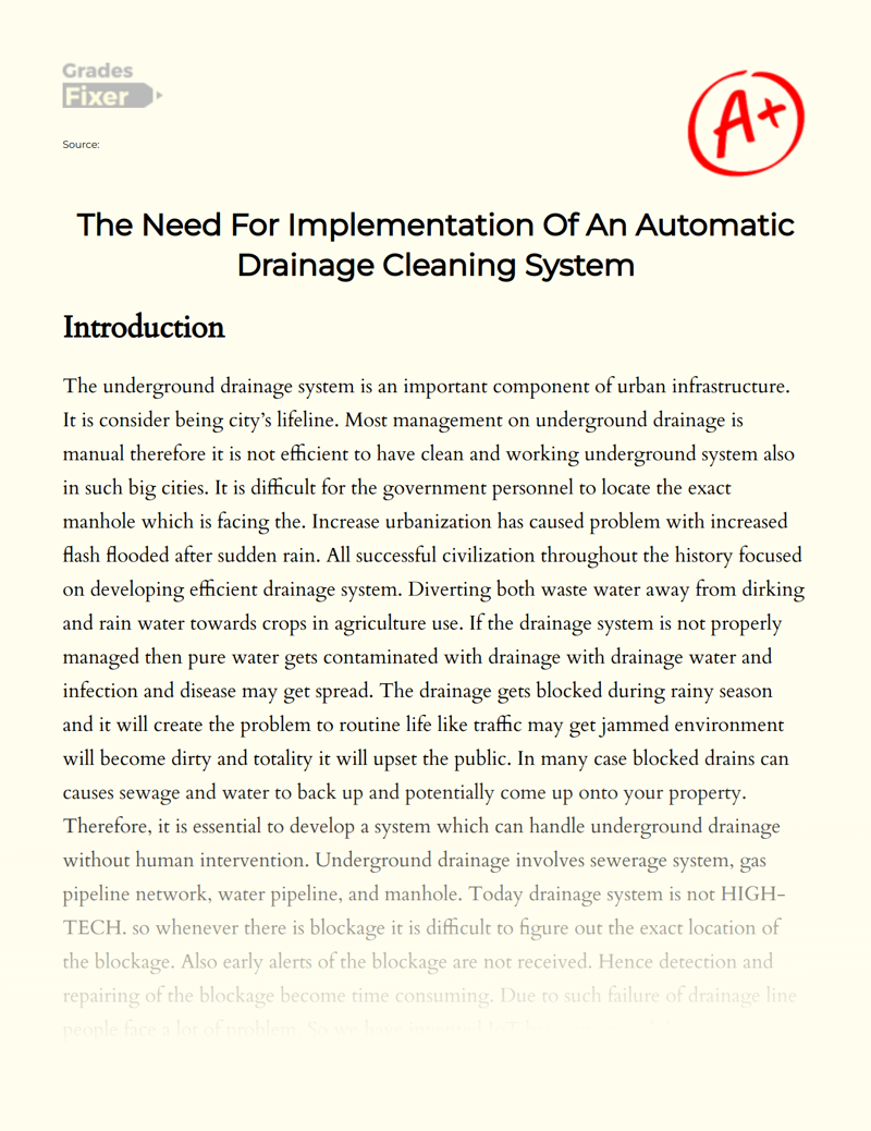 The Need for Implementation of an Automatic Drainage Cleaning System Essay