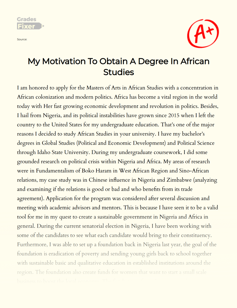My Motivation to Obtain a Degree in African Studies Essay