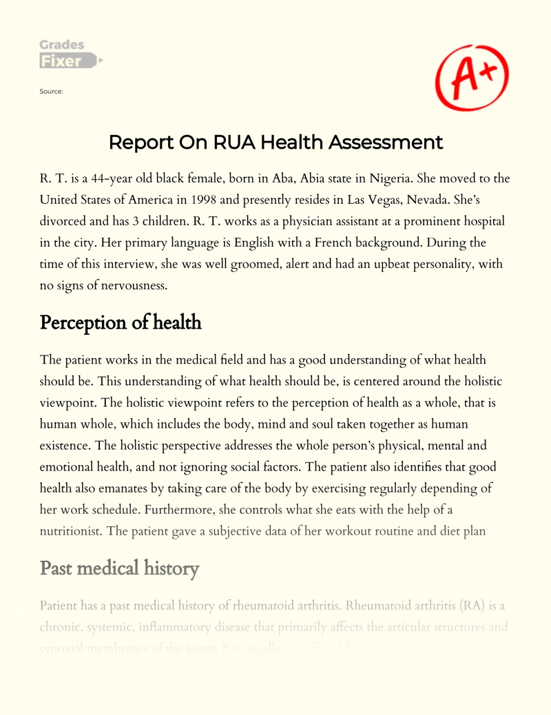 Report on Rua Health Assessment Essay