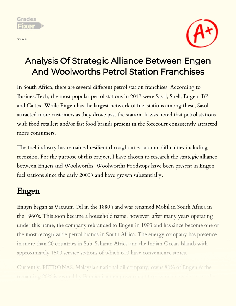 Analysis of Strategic Alliance Between Engen and Woolworths Petrol Station Franchises essay