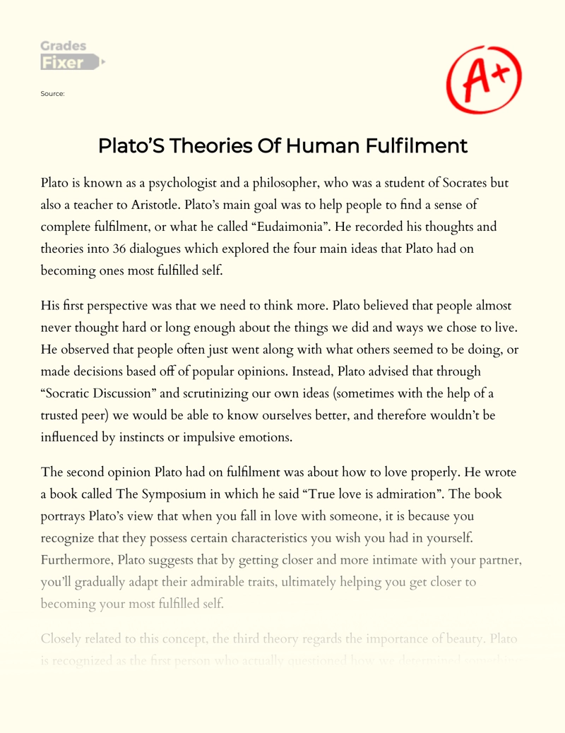 Plato’s Theories of Human Fulfilment essay