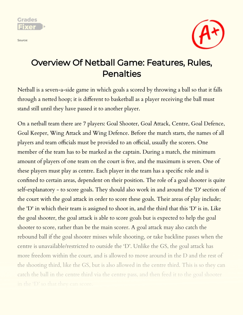 Overview of Netball Game: Features, Rules, Penalties Essay