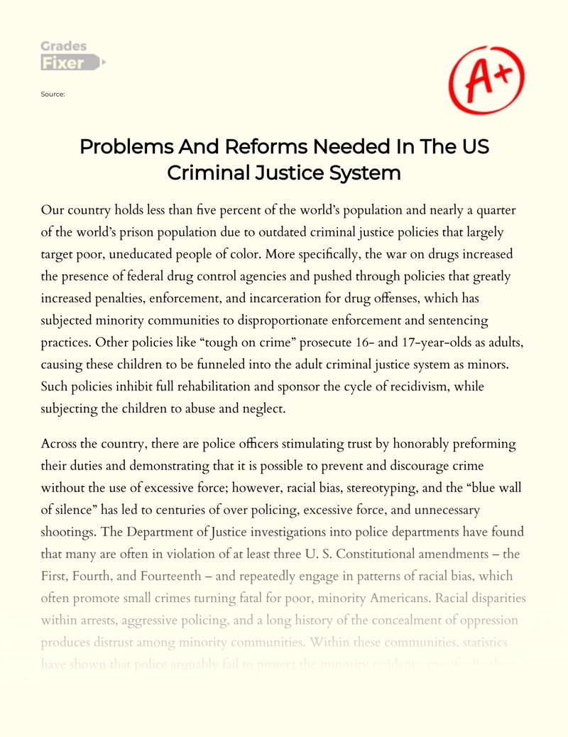 Problems and Reforms Needed in The Us Criminal Justice System essay