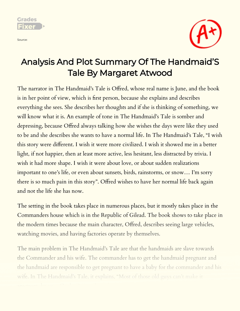 Analysis and Plot Summary of The Handmaid’s Tale by Margaret Atwood essay