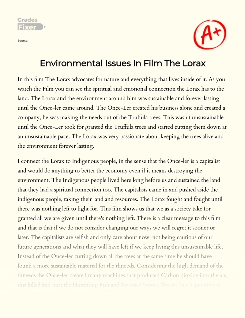 Environmental Issues in Film The Lorax  Essay