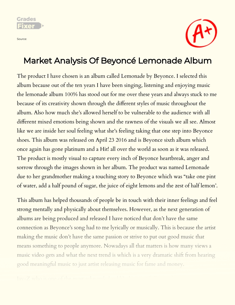Market Analysis of Beyoncé "Lemonade" Album essay