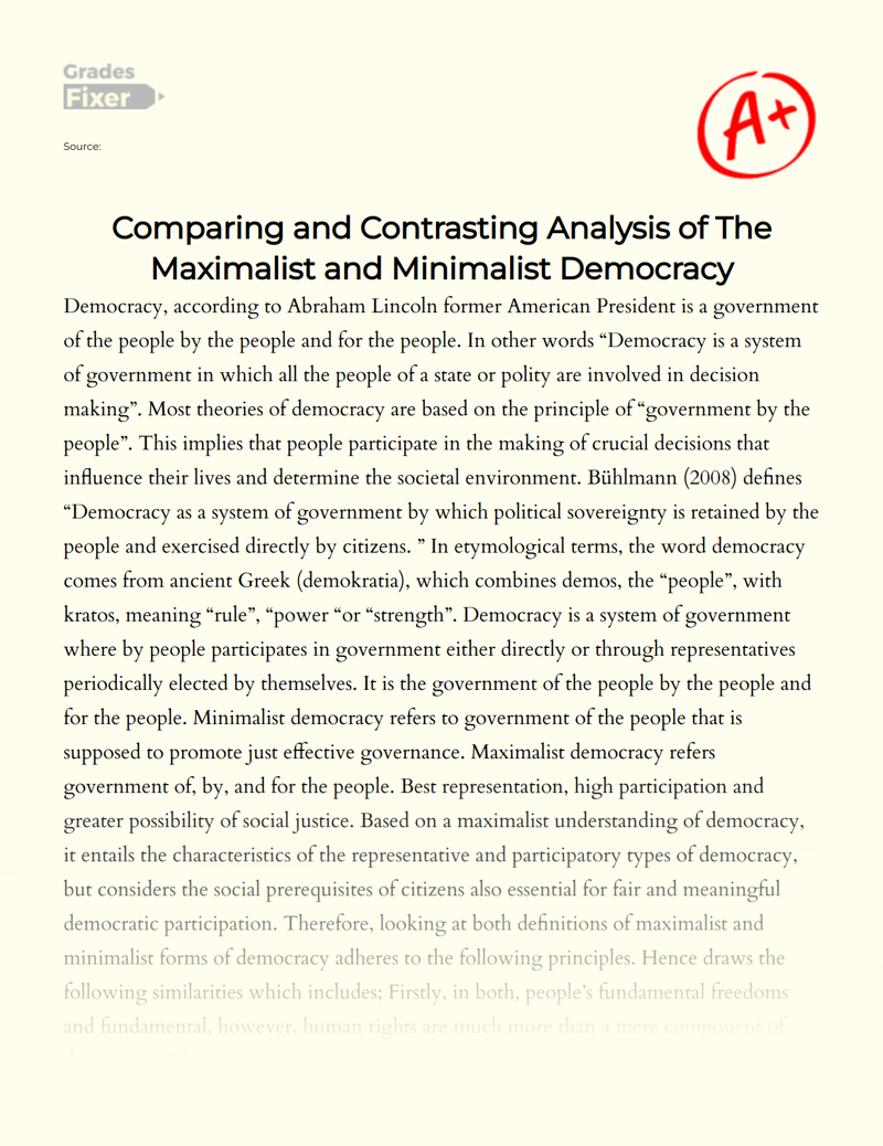 Comparing and Contrasting Analysis of The Maximalist and Minimalist Democracy Essay