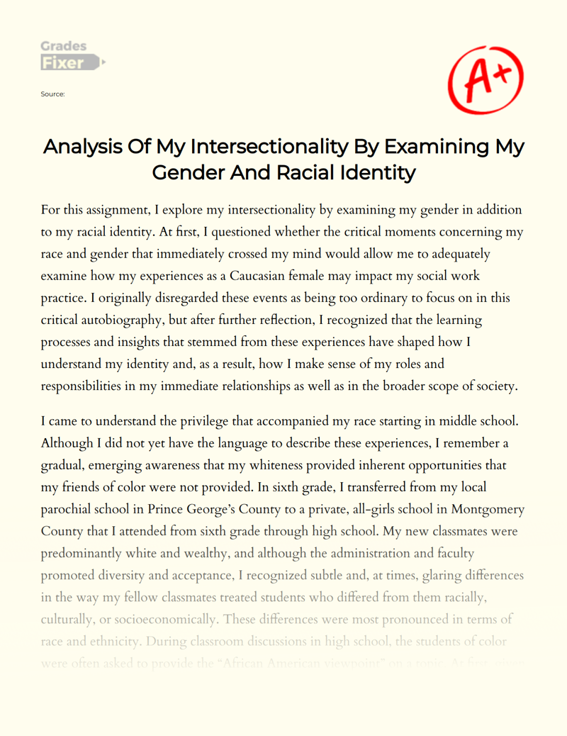 Analysis of My Intersectionality by Examining My Gender and Racial Identity Essay