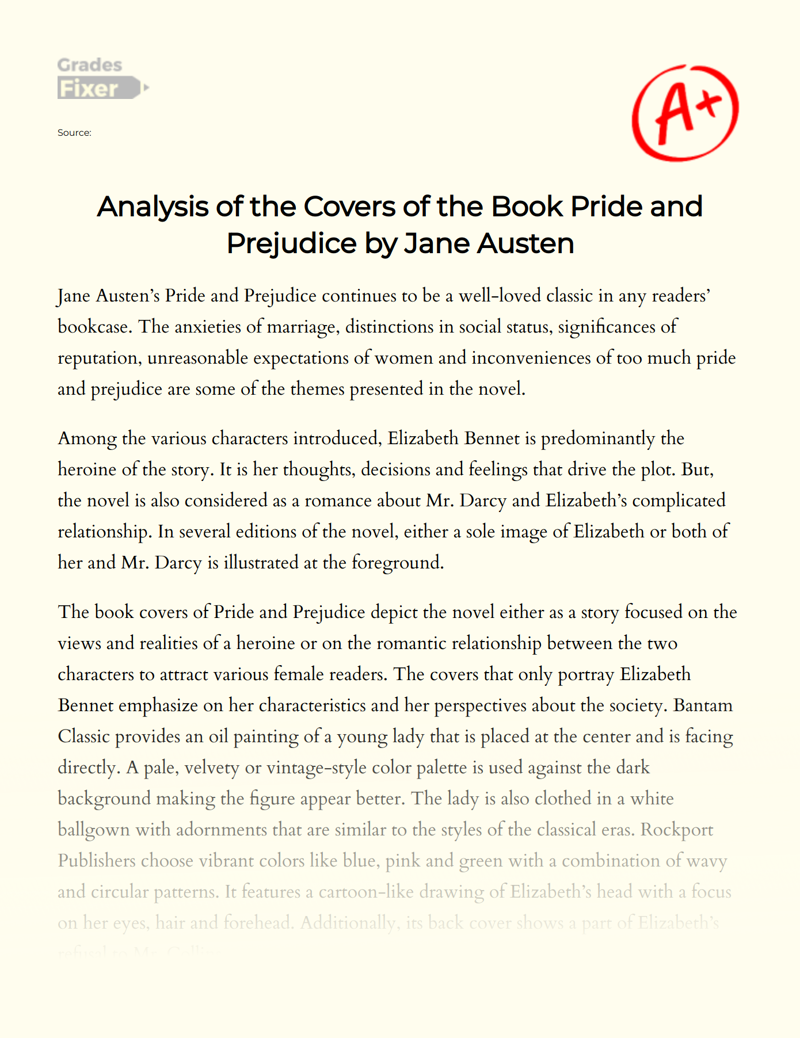 Analysis of The Covers of The Book Pride and Prejudice by Jane Austen Essay