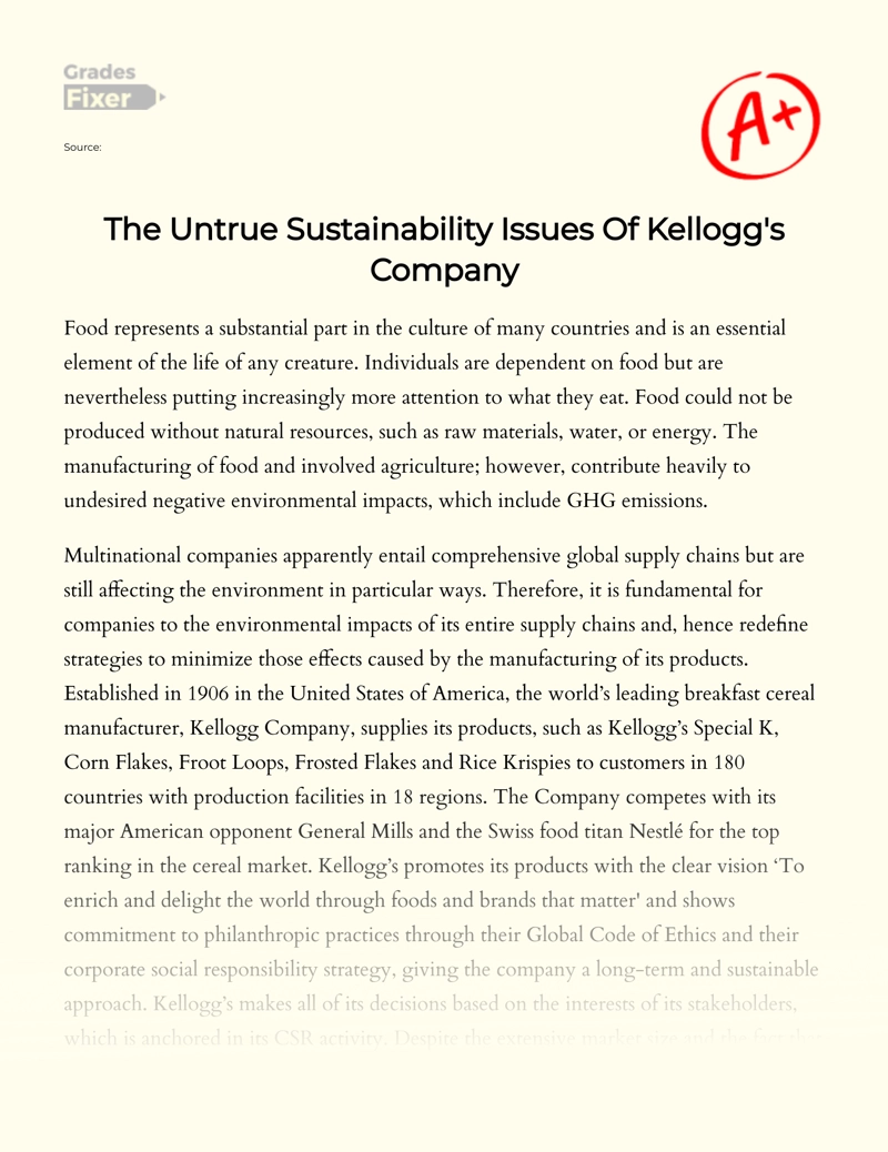 The Untrue Sustainability Issues of Kellogg's Company essay