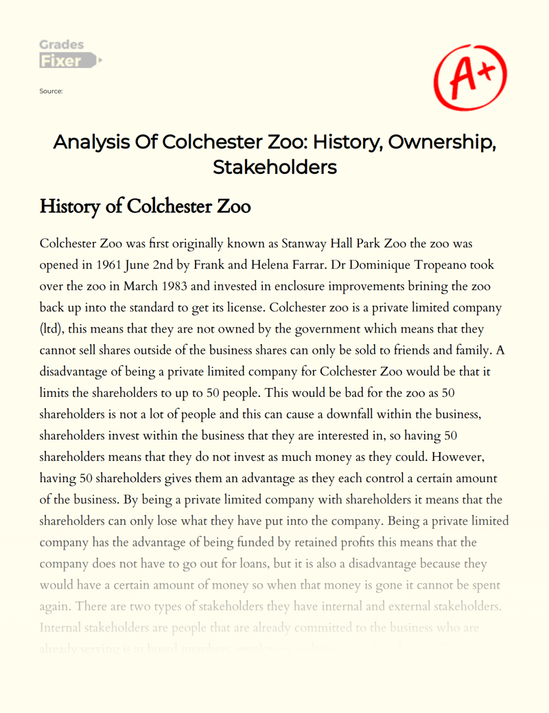 Analysis of Colchester Zoo: History, Ownership, Stakeholders Essay