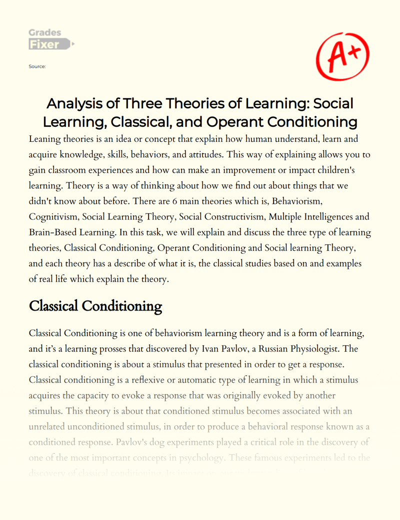 Analysis of Three Theories of Learning: Social Learning, Classical, and Operant Conditioning Essay