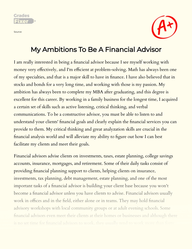 My Ambitions to Be a Financial Advisor Essay