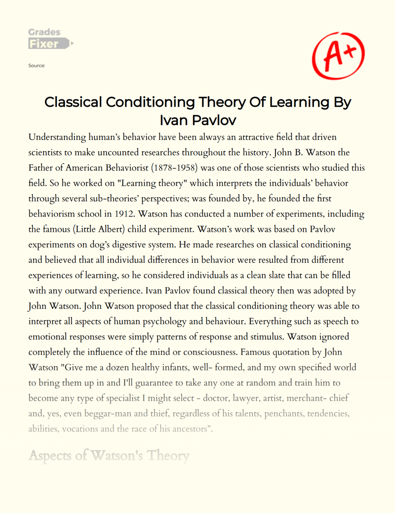 Classical Conditioning Theory of Learning by Ivan Pavlov Essay