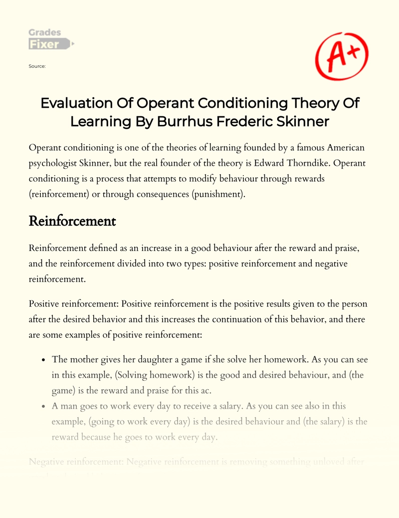 Evaluation of Operant Conditioning Theory of Learning by Burrhus Frederic Skinner essay