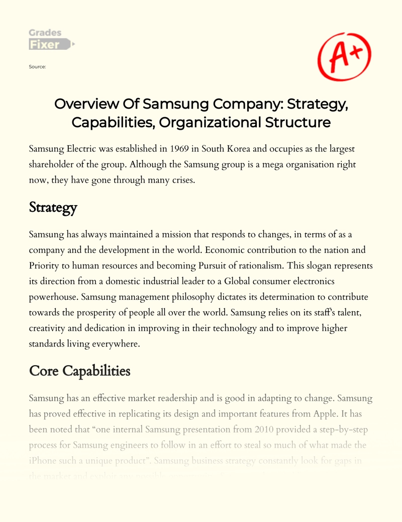Overview of Samsung Company: Strategy, Capabilities, Organizational Structure essay
