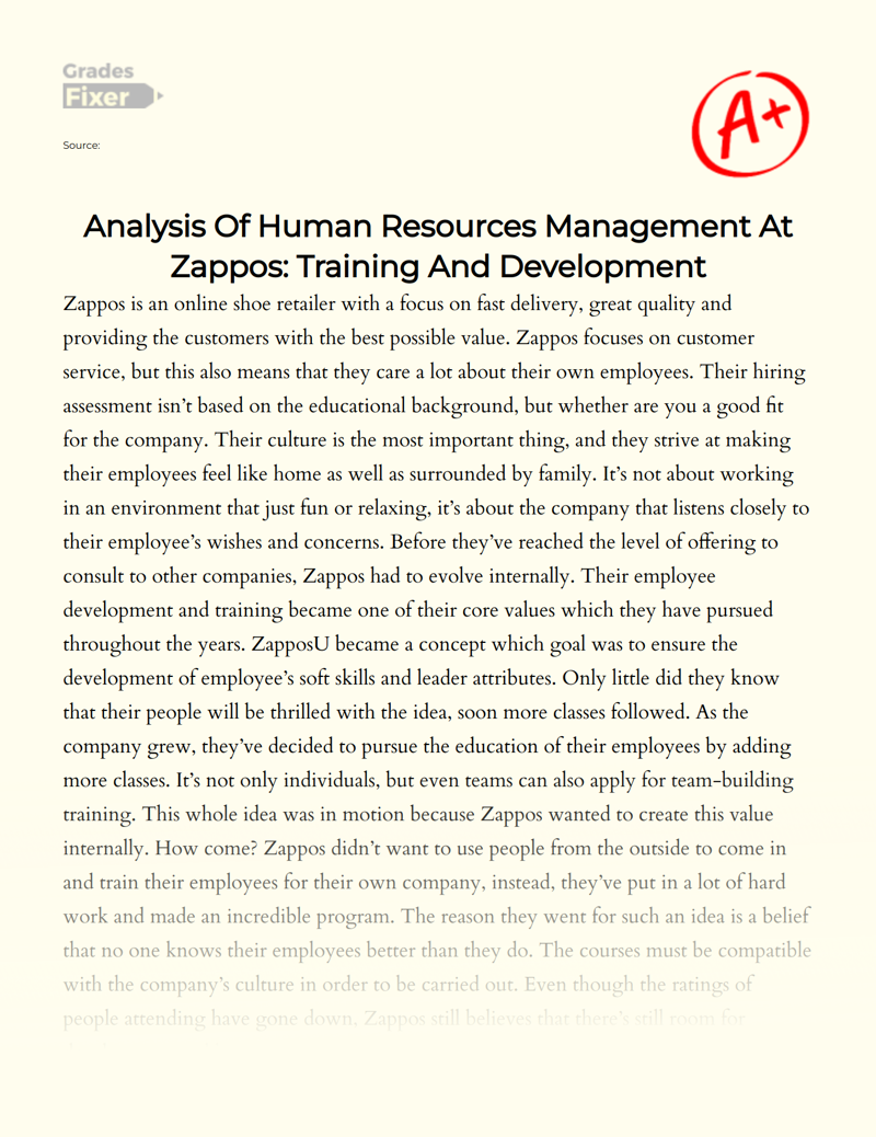 Analysis of Human Resources Management at Zappos: Training and Development  Essay