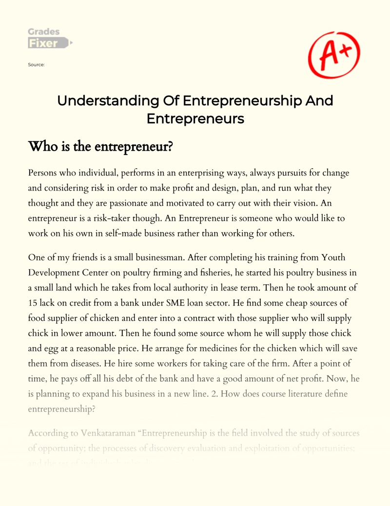 Understanding of Entrepreneurship and Entrepreneurs essay