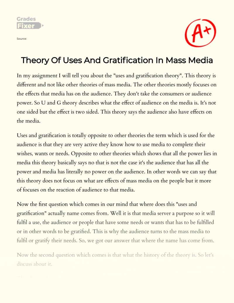 Theory of Uses and Gratification in Mass Media Essay