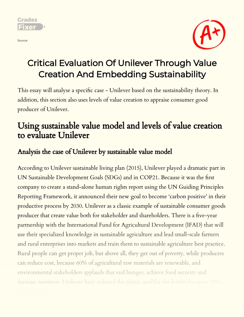 Critical Evaluation of Unilever Through Value Creation and Embedding Sustainability  Essay