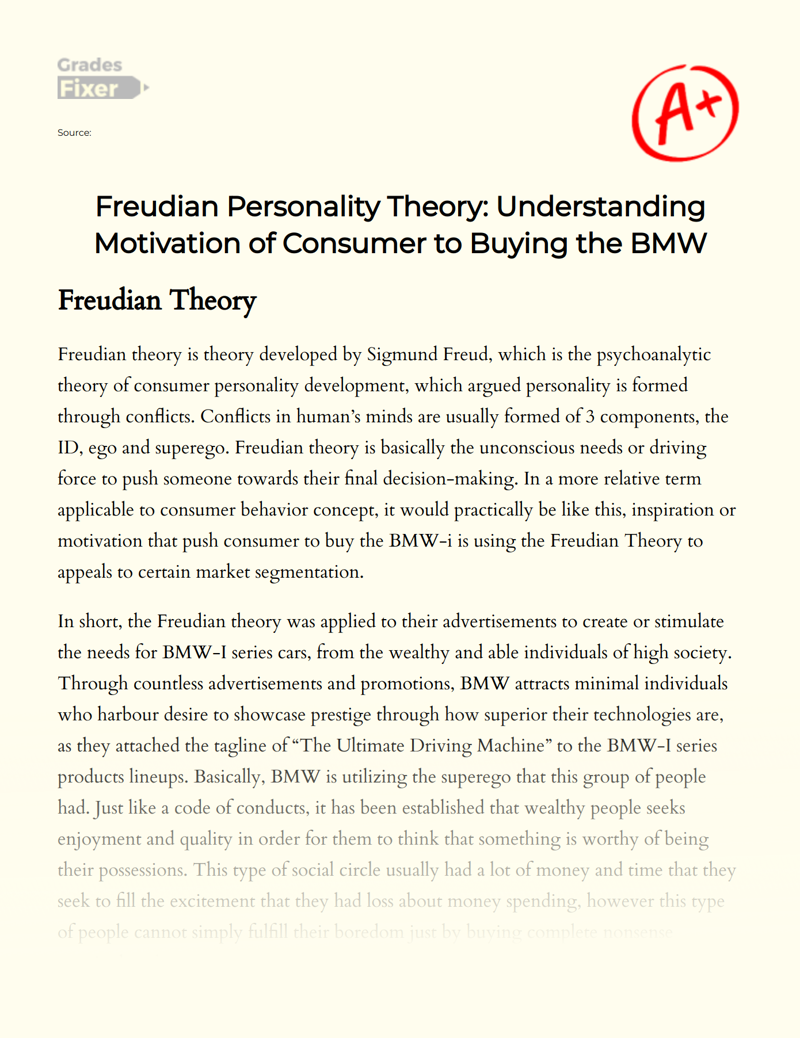 Freudian Personality Theory: Understanding Motivation of Consumer to Buying The Bmw Essay