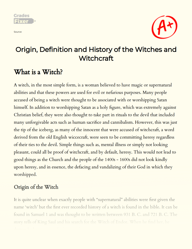 Origin, Definition and History of The Witches and Witchcraft Essay