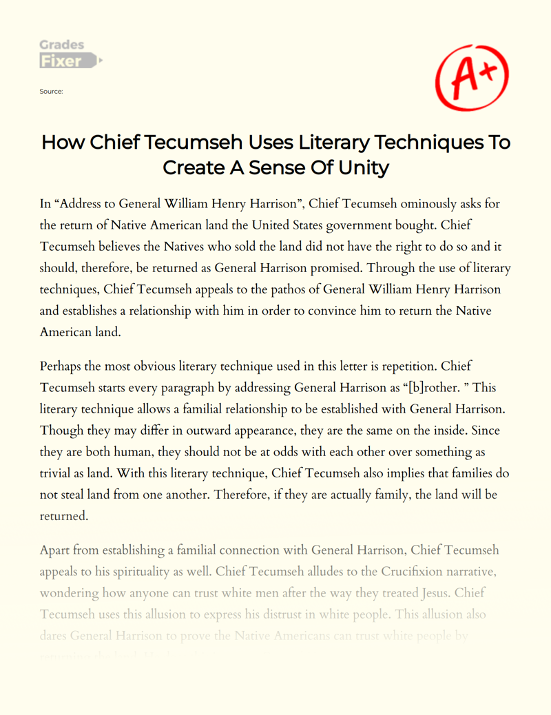 How Chief Tecumseh Uses Literary Techniques to Create a Sense of Unity Essay