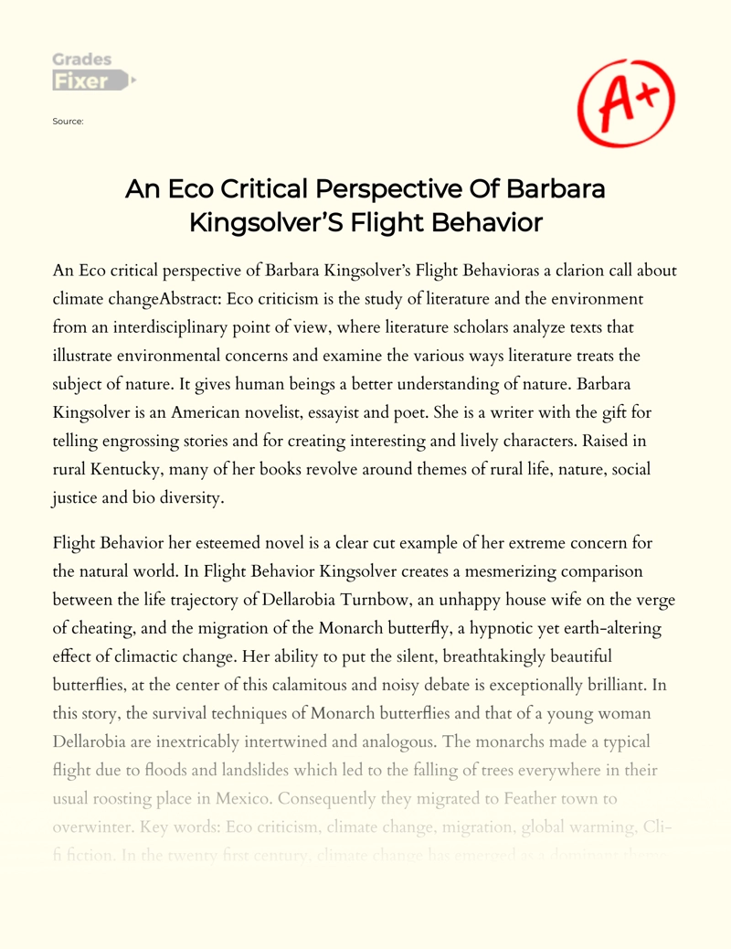 An Eco Critical Perspective of Barbara Kingsolver’s Flight Behavior essay