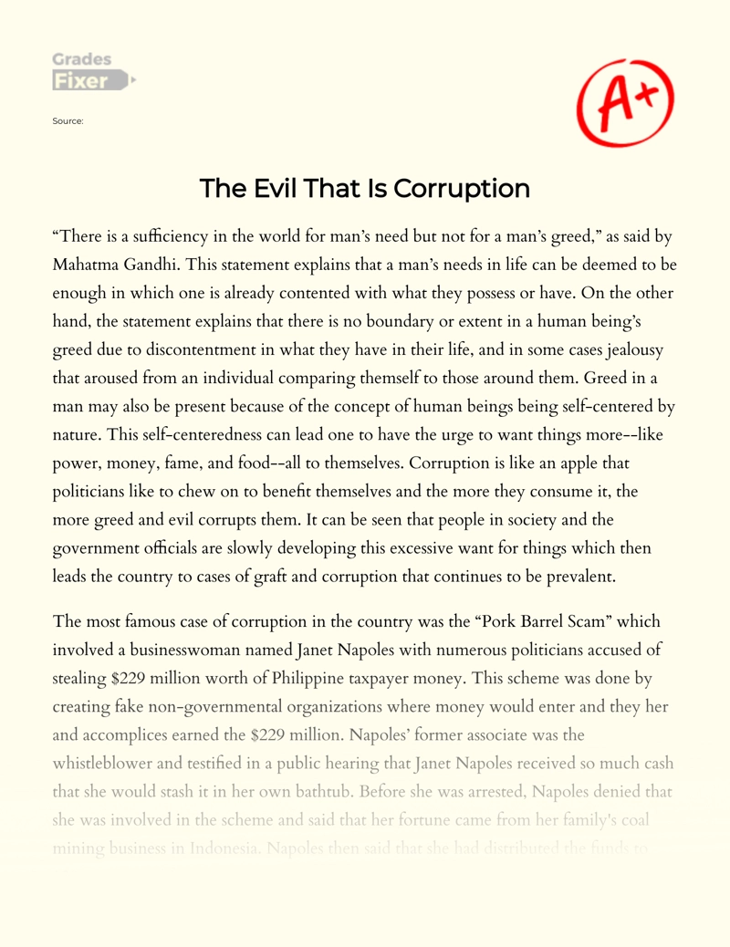 The Problem of Corruption and Its Examples in Philippines essay