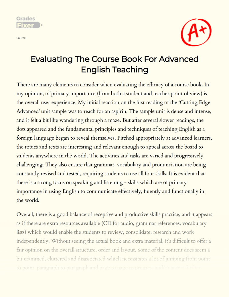 Evaluating The Course Book for Advanced English Teaching Essay