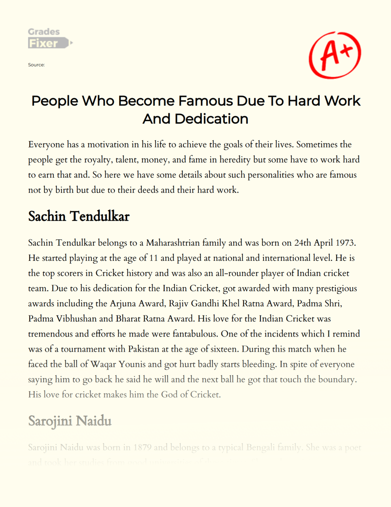 People Who Become Famous Due to Hard Work and Dedication Essay