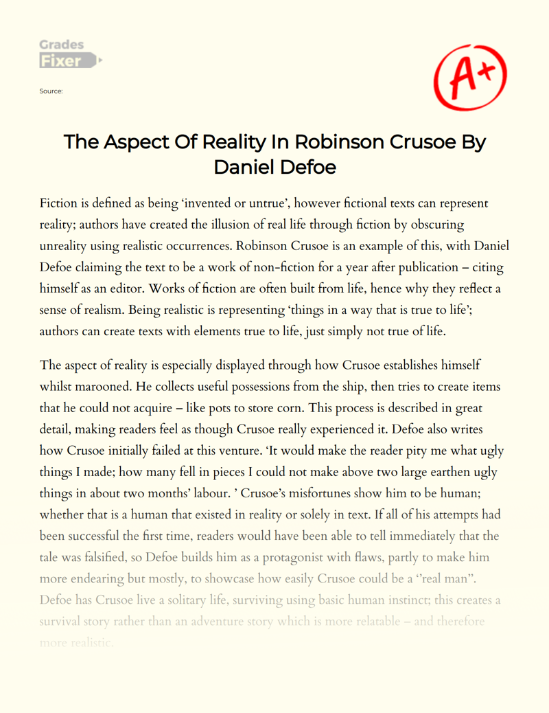 The Aspect of Reality in Robinson Crusoe by Daniel Defoe Essay