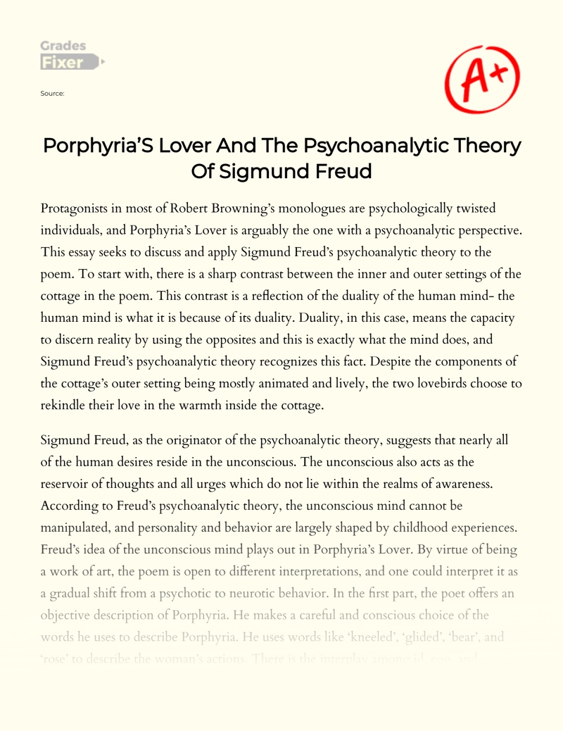 Porphyria’s Lover and The Psychoanalytic Theory of Sigmund Freud Essay