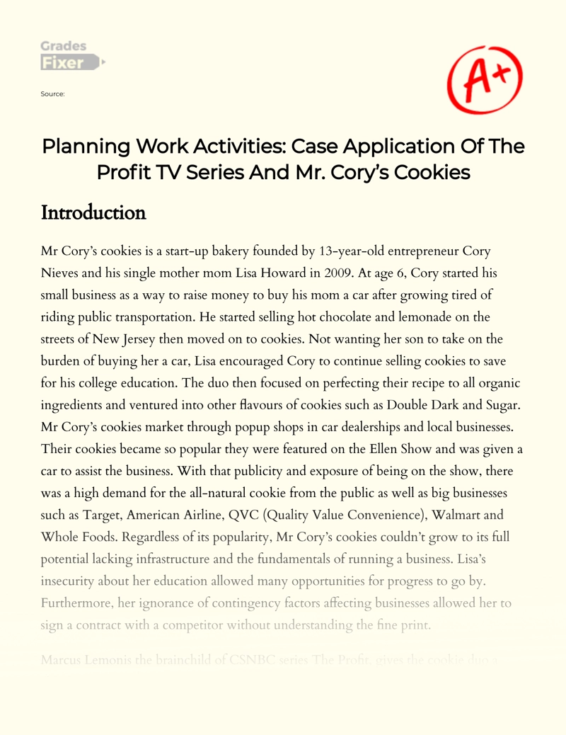 Case Application of The Profit Tv Series and Mr. Cory’s Cookies Essay