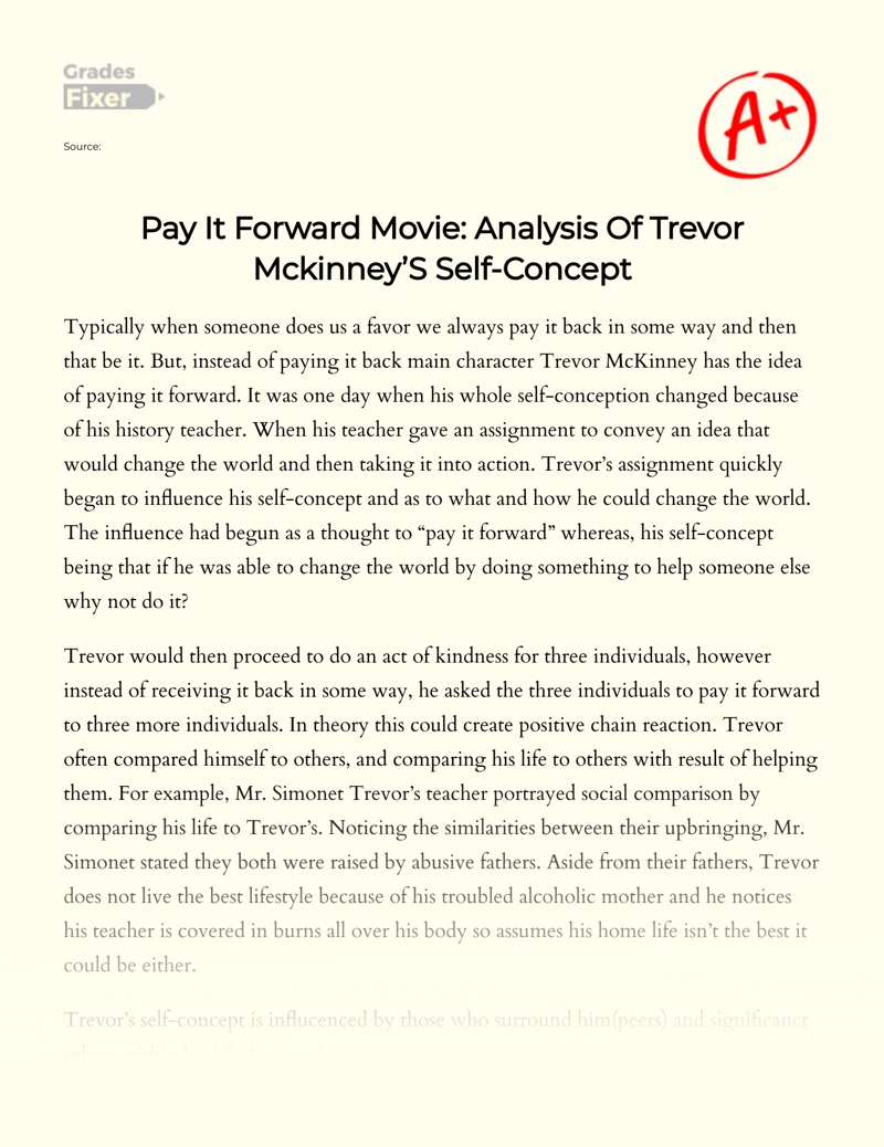 Pay It Forward Movie: Analysis of Trevor Mckinney’s Self-concept Essay