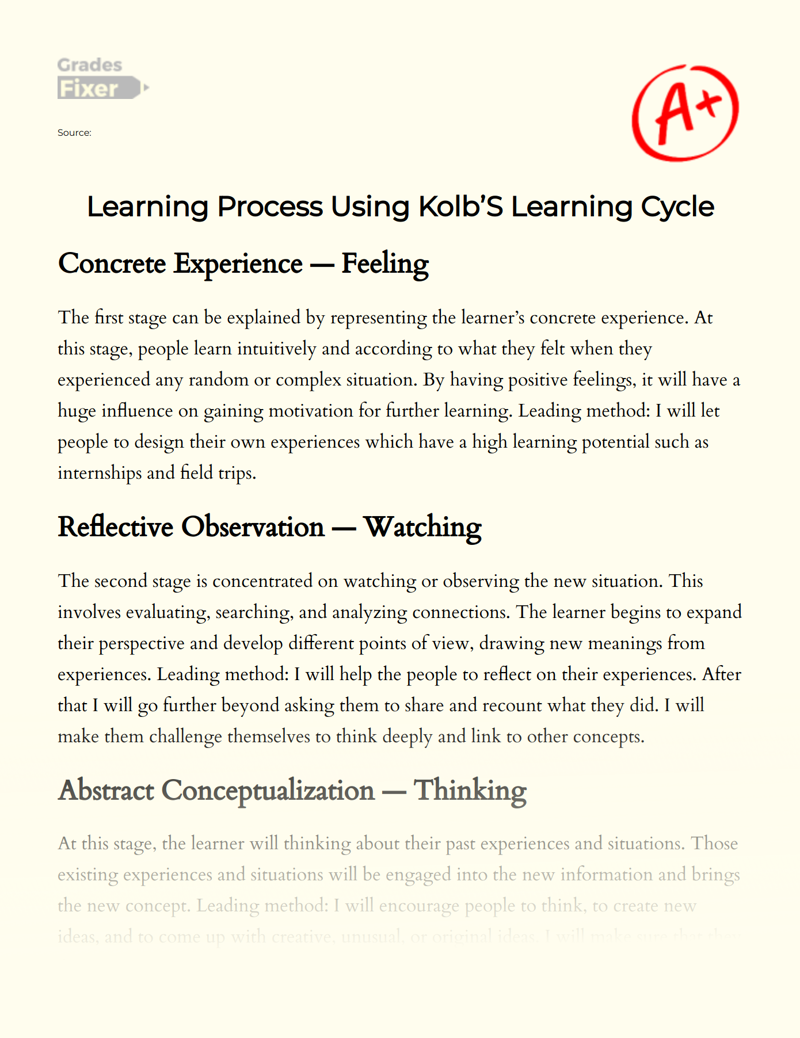 Learning Process Using Kolb’s Learning Cycle Essay