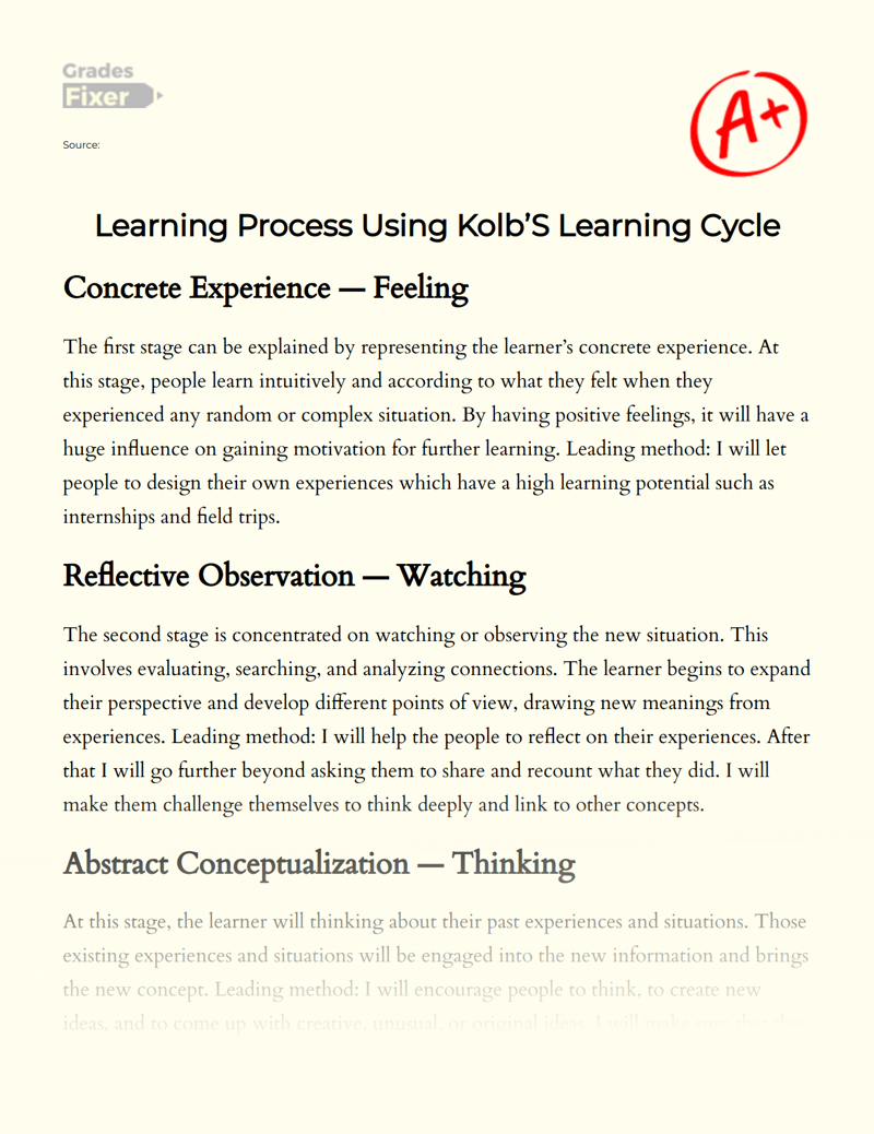 Learning Process Using Kolb S Learning Cycle Essay Example 670 