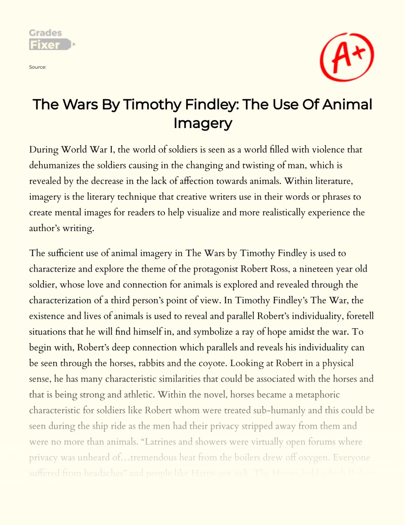 The Wars by Timothy Findley: The Use of Animal Imagery Essay
