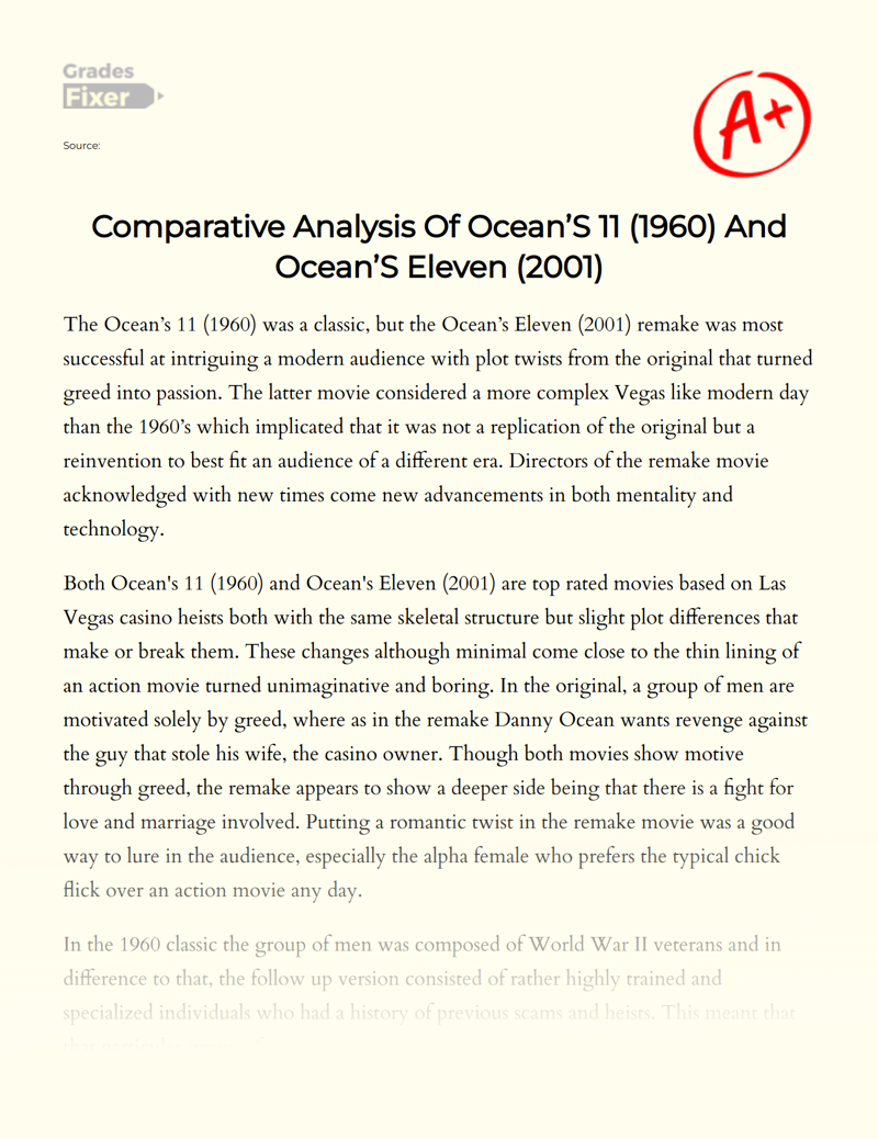 Comparative Analysis of Ocean’s 11 (1960) and Ocean’s Eleven (2001) Essay