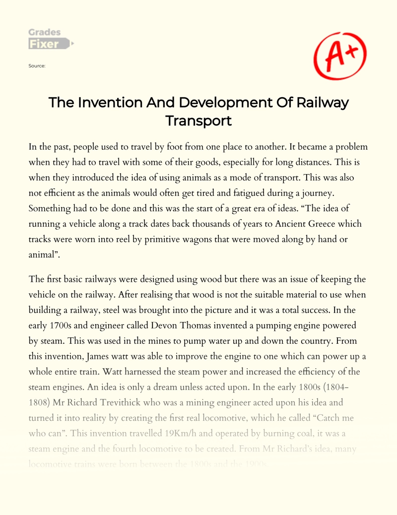 The Invention  and Development of Railway Transport Essay