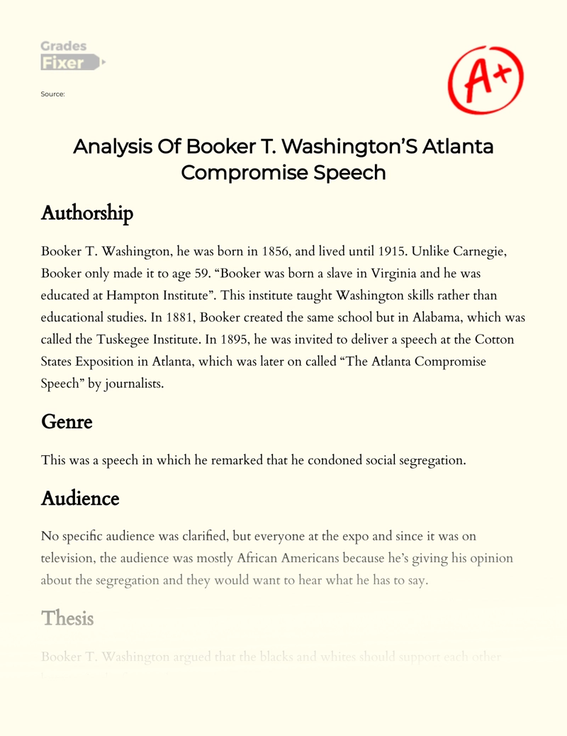 Analysis of Booker T. Washington’s Atlanta Compromise Speech Essay